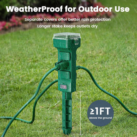 Heavy Duty Outdoor Power Stake Timer With Six Weather Resistant Outlets Mechanical Dial Schedule Keeper For Pond Pumps And Yard Gear in rain on grass.