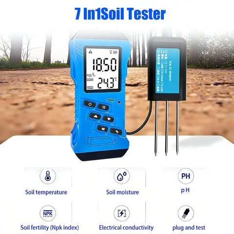 7 In 1 Soil Tester Kit With Digital Moisture Meter NPK pH Temperature EC Conductivity Fertility Analyzer shown on display