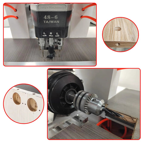Pneumatic Hole Drilling Machine For Woodworking With Hinge Boring Drill Insertion And 48 6 Combined Drill showcasing drill heads and holes