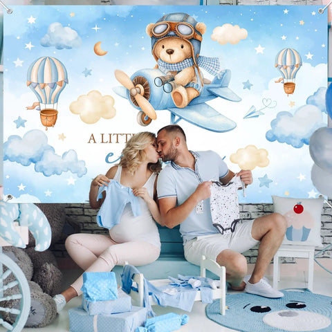 Airplane Baby Shower Banner With Little Explorer Vibe And Hot Air Balloons Boy Shower Backdrop 6 By 3 Point 6 Ft Photo Background Easy Hang Decor For A Fun Kid Friendly Party in use at baby shower