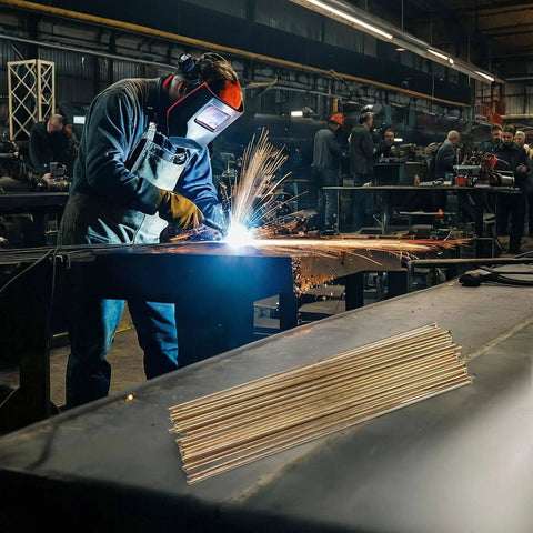 Top Tier Brass Brazing Rods For Oxyacetylene Gas Welding displayed on a workbench during welding process.