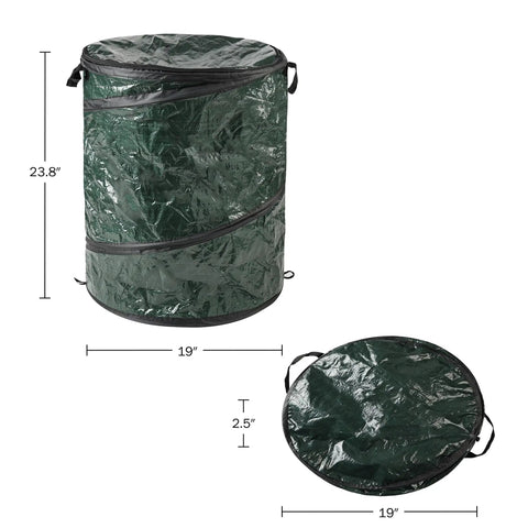 Pop Up 29.5 Gallon Outdoor Trash Can Collapsible For Parties, Yard Work, Camping, Or Laundry With Secure Zip Lid displayed vertically and folded flat