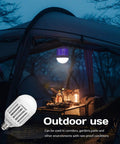 Outdoor tent scene with 2in1 Bug Zapper Light Bulb For Indoor And Outdoor Use illuminating area, showcasing its pest control function.