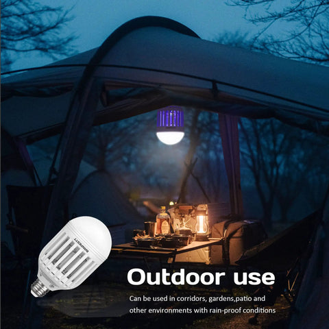 Outdoor tent scene with 2in1 Bug Zapper Light Bulb For Indoor And Outdoor Use illuminating area, showcasing its pest control function.