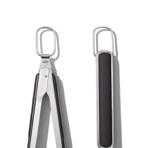 Outdoor Grilling Turner And Tongs Set With Heavy Duty Stainless Steel Construction, non slip grips, hanging ring visible