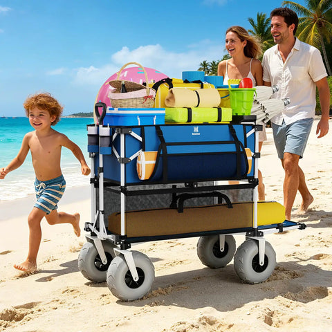 Heavy Duty Double Decker Beach Wagon Cart With 500Lb Load Capacity, 400L Dual Level Storage, Balloon Wheels For Sand, Folding Collapsible Wagon With Side Pocket, Ideal For Beach Trips, Camping, Outdoor Sports, Blue loaded with gear on a sandy beach.