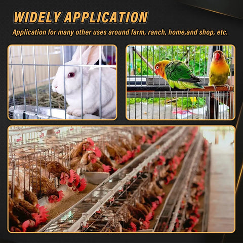 Rabbit, parrots, and chickens in cages showcasing Hog Ring Pliers Kit Type M With 3000 M Clips For Fencing And Animal Cages.
