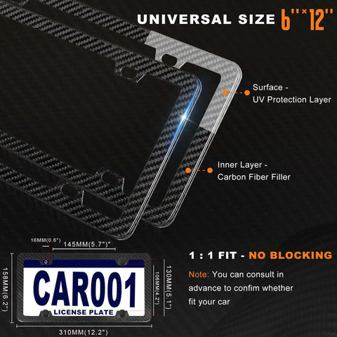 Genuine Carbon Fiber License Plate Frame Set With Secure Anti Theft Screws And Slick Black Finish For A Tight Universal Fit That Brings Legit Durability And A Clean Road Ready Vibe To Your Daily Drive, showcasing a UV protection layer and carbon fiber filler.