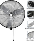 9500 CFM 30-Inch High Velocity Industrial Wall Fan With 3-Speed Wall Mount Oscillation showing fan blades and pull chain