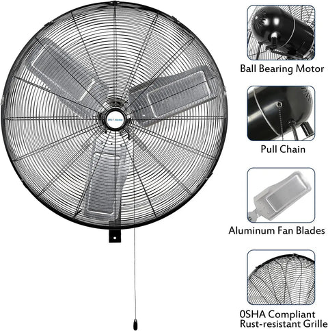 9500 CFM 30-Inch High Velocity Industrial Wall Fan With 3-Speed Wall Mount Oscillation showing fan blades and pull chain