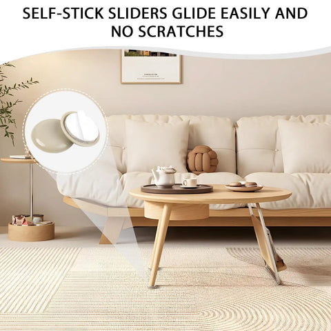 Living room scene with couch, coffee table, and diagram of 24 Pack Self Stick Appliance Sliders For Kitchen Gear No Sweat One And A Quarter Inch Furniture Sliders With Mega Adhesive For Carpeted Floors Easy Glide And Space Saving Move Furniture Smoothly And Keep Floors Flawless.