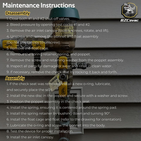 Maintenance instructions for One Inch Float And Bonnet Complete Pro Grade Repair Kit For PVB 4A And PVB 4ALF Pressure Vacuum Breakers.