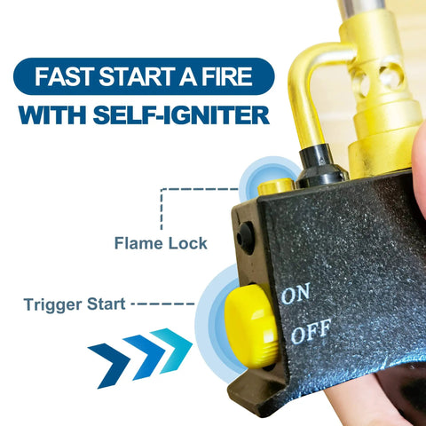 Closeup of Push Button Propane Torch Head With Adjustable Flame And Continuous Flame Lock One Hand Ignition showing controls.