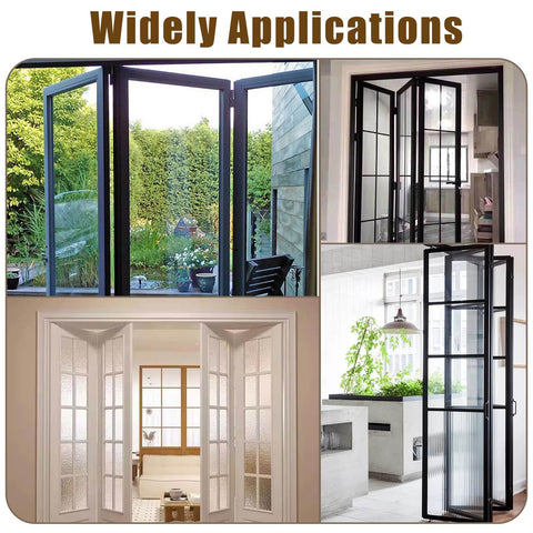 2 Pack Bifold Door Hardware Repair Kit For Folding Pocket Doors And Barn Doors Includes Top Pivots Bottom Pivots Seven Eighths Inch Guide Wheels Brackets Screws And All Hardware To Repair Doors Up To Fifty Pounds shown in various applications with black frames.