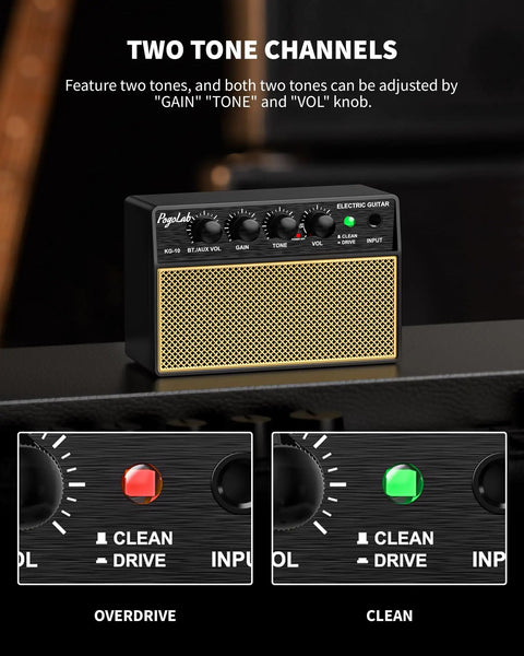 Mini 10W Rechargeable Guitar Amp With Bluetooth featuring two tone channels, clean and overdrive, on display with knobs visible