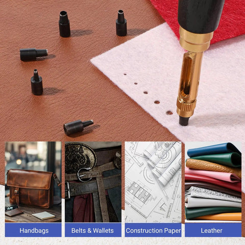Adjustable Heavy Duty Leather Hole Punch Set With Sturdy Wooden Handle And Six Precision Brass Tips For Belts Paper Crafting And Bookbinding Crafters Absolutely Love This Slick Tool on leather and felt.