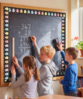 Classroom with 65 Ft Long Backpack Bulletin Board Border Adorbs With Polka Dot Pastel Confetti Design for decor around blackboard.