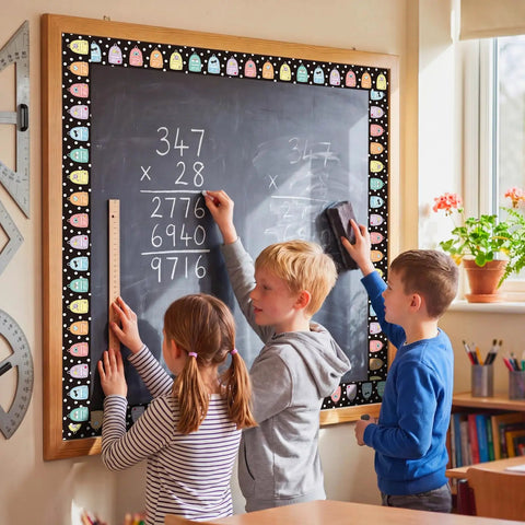 Classroom with 65 Ft Long Backpack Bulletin Board Border Adorbs With Polka Dot Pastel Confetti Design for decor around blackboard.