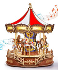 Wooden 3D Puzzle Carousel Music Box Kit With Lights for adults with colorful horses and musical notes, eleven point six inch