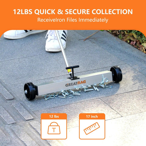 Rolling Magnetic Sweeper With Wheels 17 Inch Heavy Duty Magnetic Pickup Tool For Nails Screws And Ferrous Debris, Grabs Metal Fast For Yard And Lawn Cleanup With Quick Release Basket
