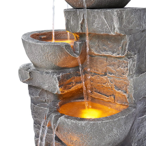 Cascading Bowls LED Outdoor Water Fountain With Stacked Stone Base For Gardens Patios Lawns And Balconies A Soothing Ambient Water Feature