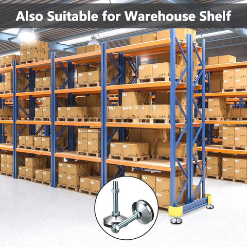 Warehouse shelving with inset of Four Pack Heavy Duty Adjustable Leveling Feet With Anti Vibration Pads For Workbenches And Industrial Machinery M Sixteen Threaded With Three Point One Inch Base Handling Seven Thousand Five Hundred Pound Static Load