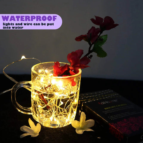 Six Pack Battery Operated Fairy Lights With Timer And Remote Six Point Five Foot Copper Wire 20LED Warm White Twinkle Lights Waterproof Firefly String showcasing waterproof feature in glass