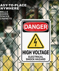 Heavy Duty High Voltage Danger Sign 7X10 Reflective Aluminum Plate 2 Pack Rust Resistant Electrical Warning Labels Industrial Grade Built Tough As Nails Zero Hassle Setup on a fence.