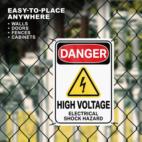 Heavy Duty High Voltage Danger Sign 7X10 Reflective Aluminum Plate 2 Pack Rust Resistant Electrical Warning Labels Industrial Grade Built Tough As Nails Zero Hassle Setup on a fence.