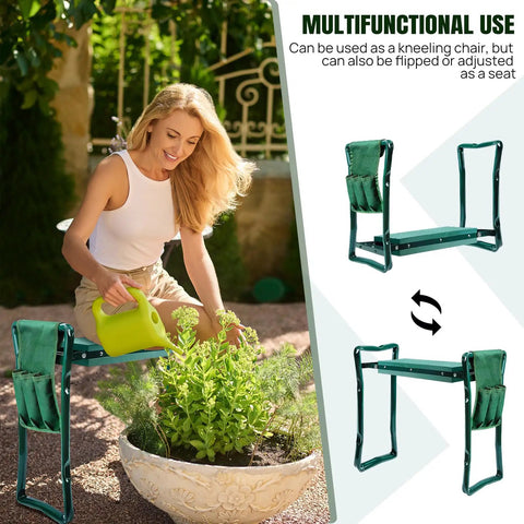 Foldable Garden Kneeler Seat With Handles And Tool Bags, 2 In 1 Grab-And-Go Lightweight Stool, EVA Foam Padded Bench in use