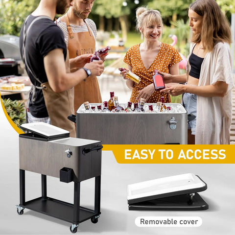 80 Quart Rolling Patio Cooler With Bottle Opener And Cap Catcher, gray portable ice chest on wheels, used at a backyard party.