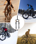 Collage of fat tire bikes using Fat Tire MTB Air Suspension Fork With Rebound Adjust, 120mm Travel, 135mm Hub on varied terrains.