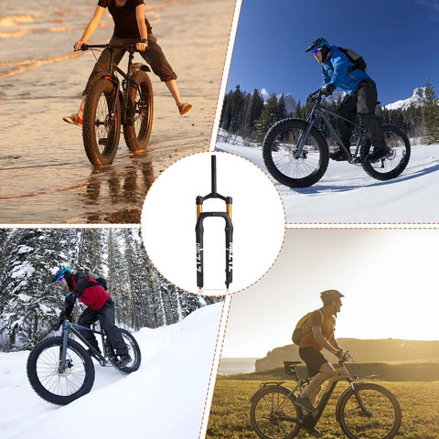 Collage of fat tire bikes using Fat Tire MTB Air Suspension Fork With Rebound Adjust, 120mm Travel, 135mm Hub on varied terrains.