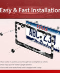Stainless Steel License Plate Frame With American Flag Eagle Mountains Design For Cars And Trucks Heavy Duty Plate Holder 12.3 By 6.3 Inch Fits Standard US And Canada Vehicles Includes Screws Caps And Washers shown in installation process with Texas plate