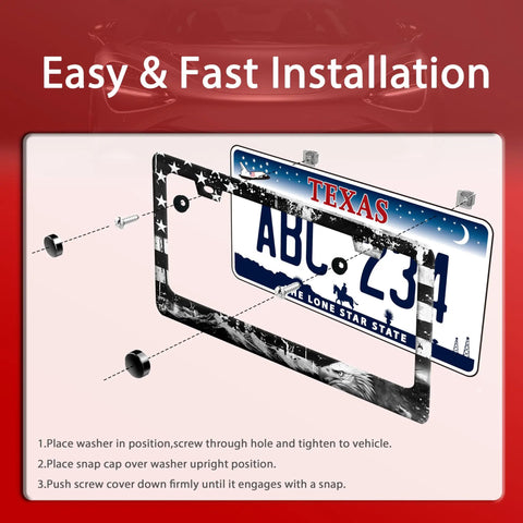 Stainless Steel License Plate Frame With American Flag Eagle Mountains Design For Cars And Trucks Heavy Duty Plate Holder 12.3 By 6.3 Inch Fits Standard US And Canada Vehicles Includes Screws Caps And Washers shown in installation process with Texas plate