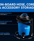 5 Gallon Wet And Dry Shop Vacuum With 3 Peak HP 65 CFM 16 Foot Reach Includes 8 Accessories With Cartridge Dry Filter And Foam Wet Filter VOC507PF showing on-board hose storage