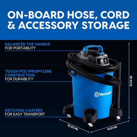 5 Gallon Wet And Dry Shop Vacuum With 3 Peak HP 65 CFM 16 Foot Reach Includes 8 Accessories With Cartridge Dry Filter And Foam Wet Filter VOC507PF showing on-board hose storage