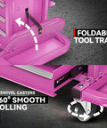 Close-up of foldable tool tray and caster wheels on 3-Drawer Rolling Mechanic Seat With Storage Tray, 350 Lbs Capacity, Purple Work Stool