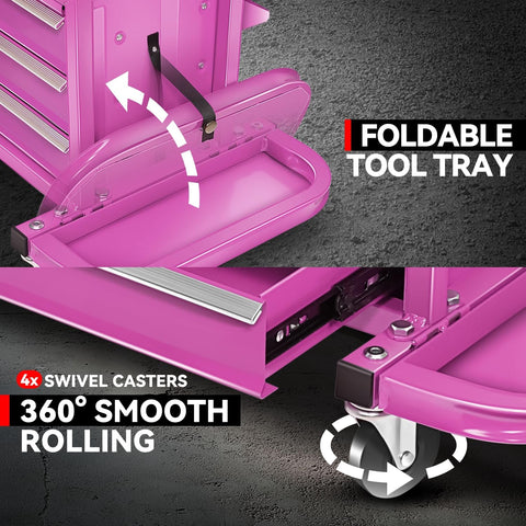 Close-up of foldable tool tray and caster wheels on 3-Drawer Rolling Mechanic Seat With Storage Tray, 350 Lbs Capacity, Purple Work Stool