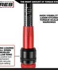 Close-up of the 3/8-inch drive micrometer torque wrench with high visibility laser markings and knurled collar ring.