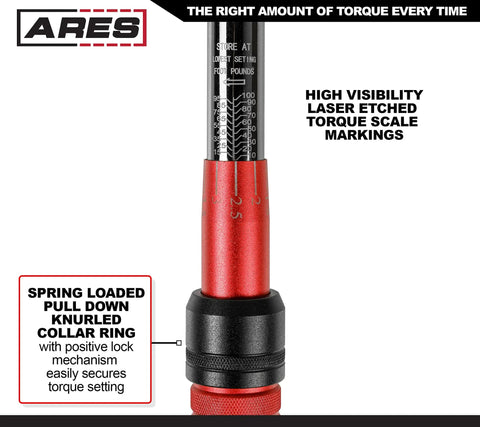 Close-up of the 3/8-inch drive micrometer torque wrench with high visibility laser markings and knurled collar ring.