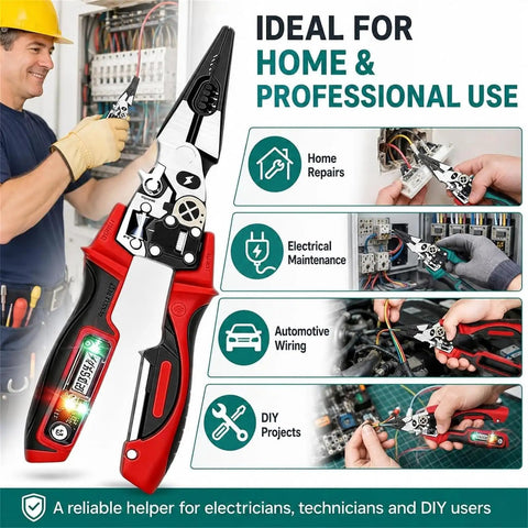 Hella Durable 4 In 1 Electrician Pliers With Built In Smart Voltage Tester Heavy Duty Wire Stripping And Crimping Tool For Circuit Repair Led Display Cable Cutter shown in use for home repairs.