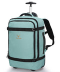 Front view of mint green Hynes Eagle rolling backpack with wheels, retractable handle, and multiple zip pockets