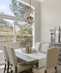 Go To Farmhouse Orb Chandelier Pendant Light with Handmade Weathered Wood Finish and Rustic Bronze Accents over dining table