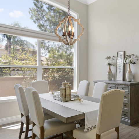 Go To Farmhouse Orb Chandelier Pendant Light with Handmade Weathered Wood Finish and Rustic Bronze Accents over dining table