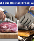 Stainless Steel Mesh Cut Resistant Glove ANSI A9 For Boss Level Kitchen Tasks shown cutting raw meat and holding fish.