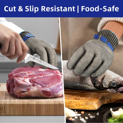 Stainless Steel Mesh Cut Resistant Glove ANSI A9 For Boss Level Kitchen Tasks shown cutting raw meat and holding fish.