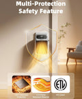 Plug In Space Heater With Remote And 180 Degree Rotating Plug showing multi-protection safety feature and certifications
