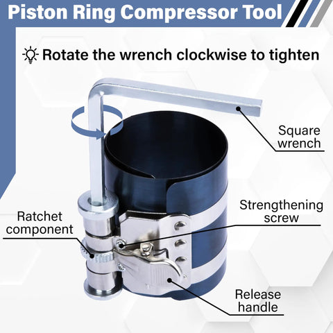 Universal Premium Piston Ring Compressor And Heavy Duty Installation Pliers For Domestic And Import Engine Builds The Grease Monkey Approved Essential For Real Backyard Wrenching, showing tool details and components.