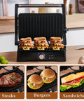 Big Panini Press Grill Sandwich Maker 3 In 1 Opens Flat To 180 Degrees showing grilled sandwiches and burgers on nonstick plates.